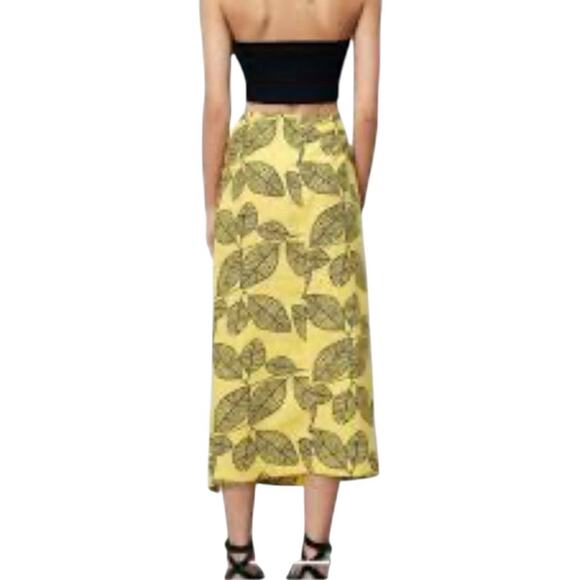 Zara Yellow Leaf Print Slit Midi Skirt High Waist Linen Blend M - Picture 2 of 9